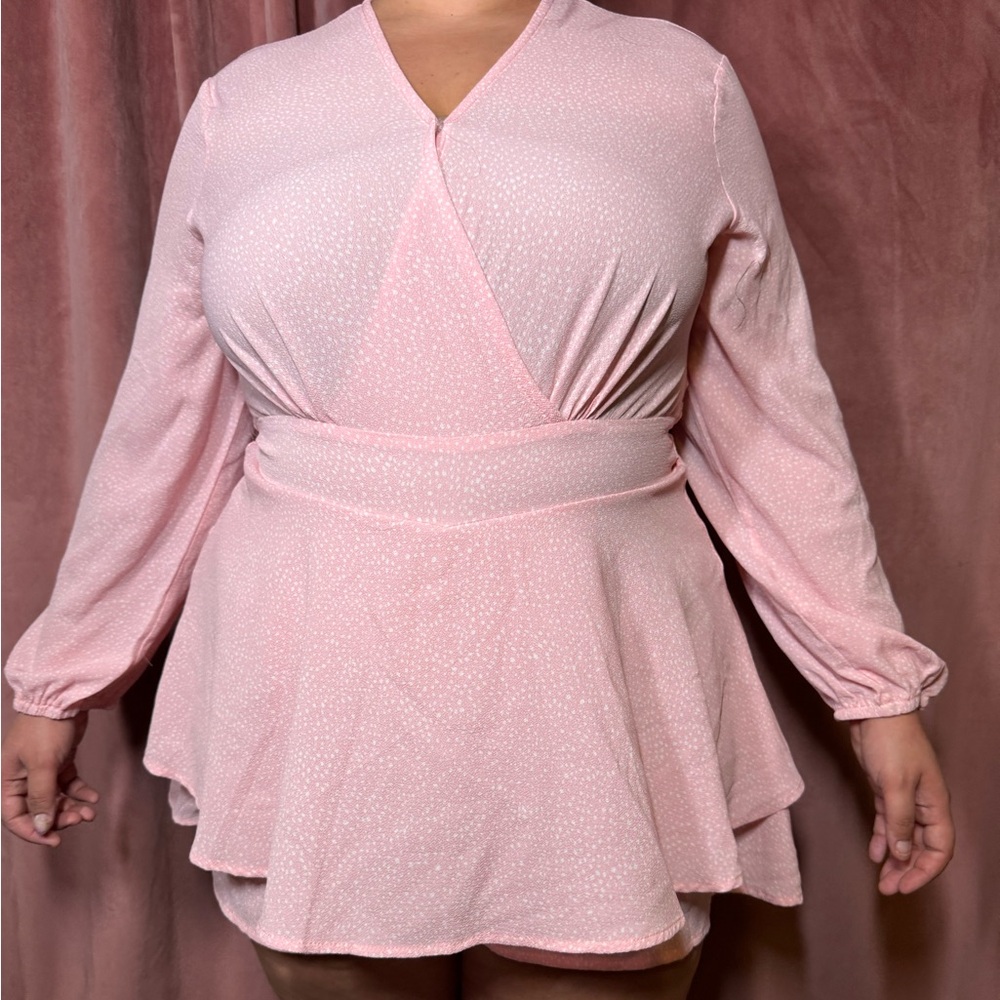 Pink Wrap-Style Long Sleeve Dress